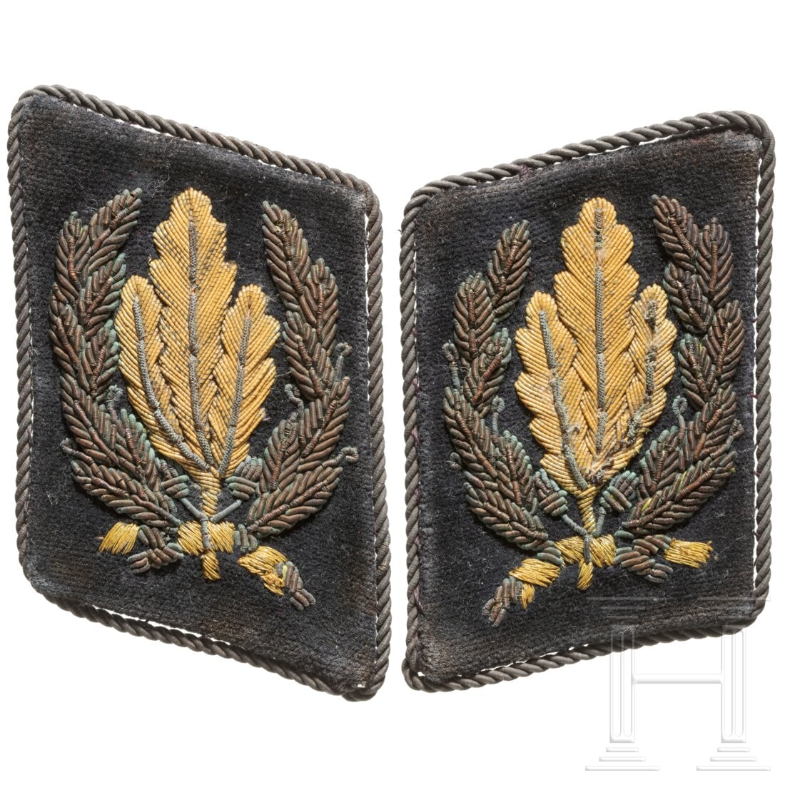 Artur Axmann – a pair of collar tabs as Reichsjugendführer: Artur Axmann – a pair of collar tabs as ReichsjugendführerThe large black velvet collars with two-coloured rank embroidery in gold and cellon thread, edged with gold cord. The collar darkened, with