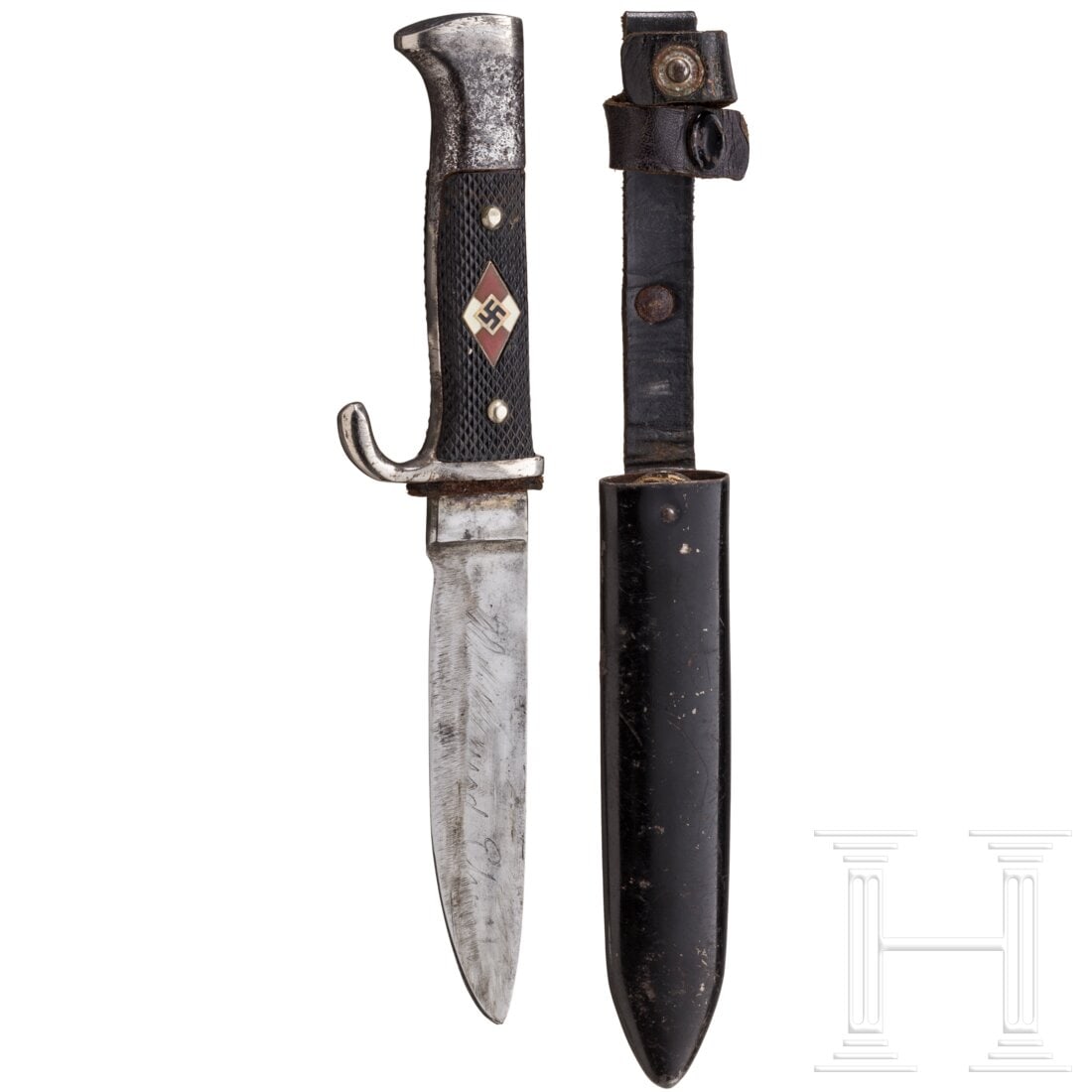A Hitler Youth knife, maker M 7/18 (double-marked): A Hitler Youth knife, maker M 7/18 (double-marked)The blade with mostly ground motto and RZM number "M7/18" as well as "Rich. Abr. Herder Solingen". Nickel-plated hilt (partly corroded) with black pla