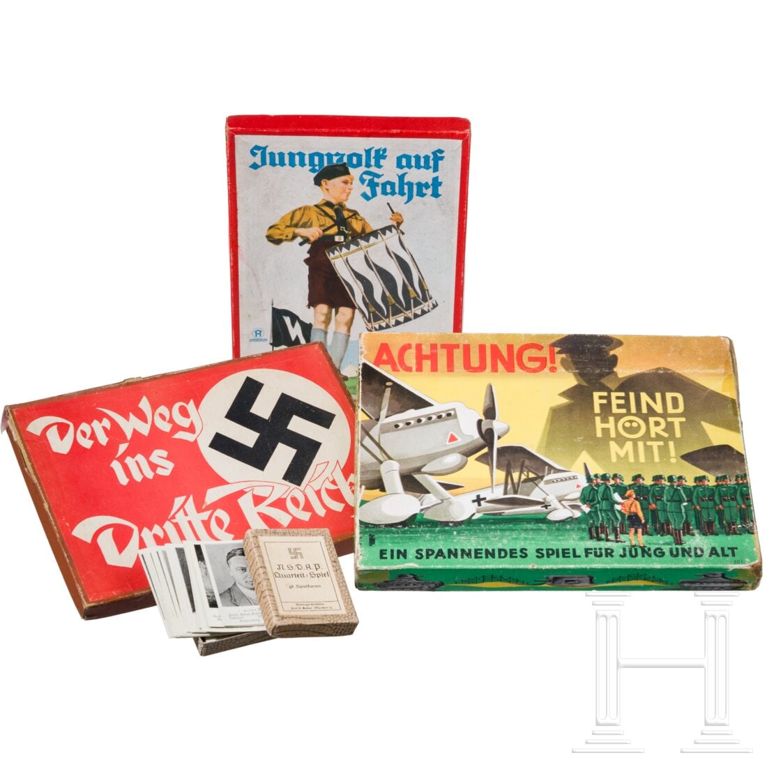 Three board games and a card game: Three board games and a card gameBrettspiel "Jungvolk auf Fahrt" von der Fa. Hausser-Spiele, Brettspiel "Achtung - Feind hört mit!", Brettspiel "Der Weg ins Dritte Reich", NSDAP-Quartett-Spiel mit 48