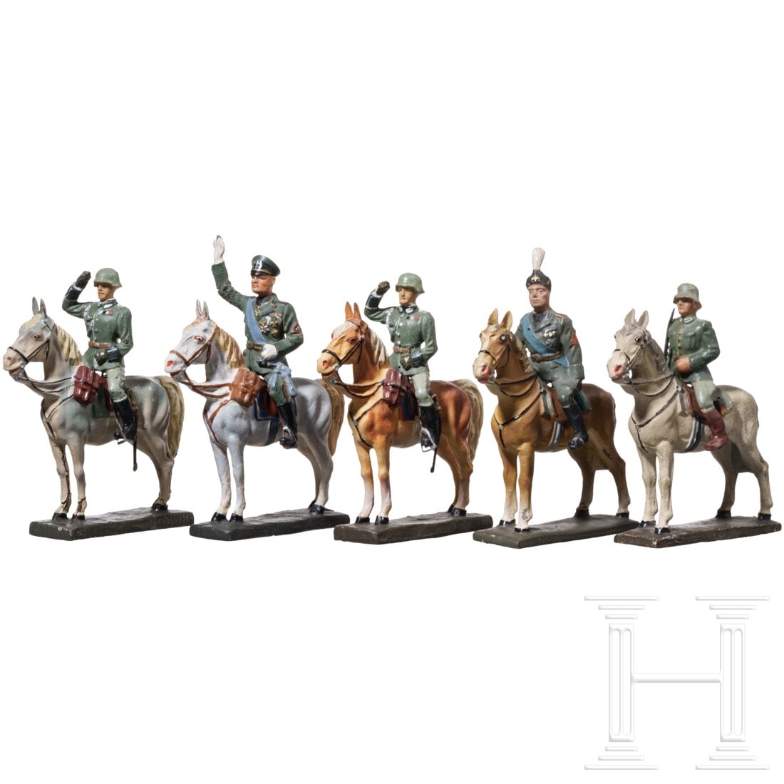 Elastolin and Lineol - five mounted composition figures: Elastolin and Lineol - five mounted composition figuresElastolin, Lineol, 30er Jahre, 7-cm-Serie, Masseausführung. Fünf Figuren zu Pferd: von Lineol Mussolini mit Faschistenmütze auf Standpferd, ei
