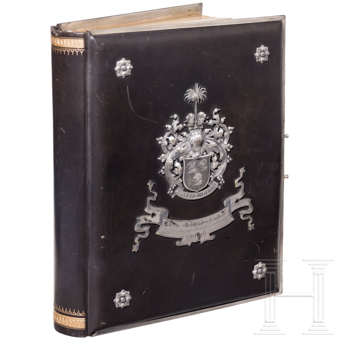 District Administrator Dr. Georg von Borries - a magnificent photo album for his farewell, Herford,: District Administrator Dr. Georg von Borries - a magnificent photo album for his farewell, Herford, 1902Großer dunkelbrauner Ledereinband mit versilberten Beschlägen. Zentrale, reich reliefierte Wid