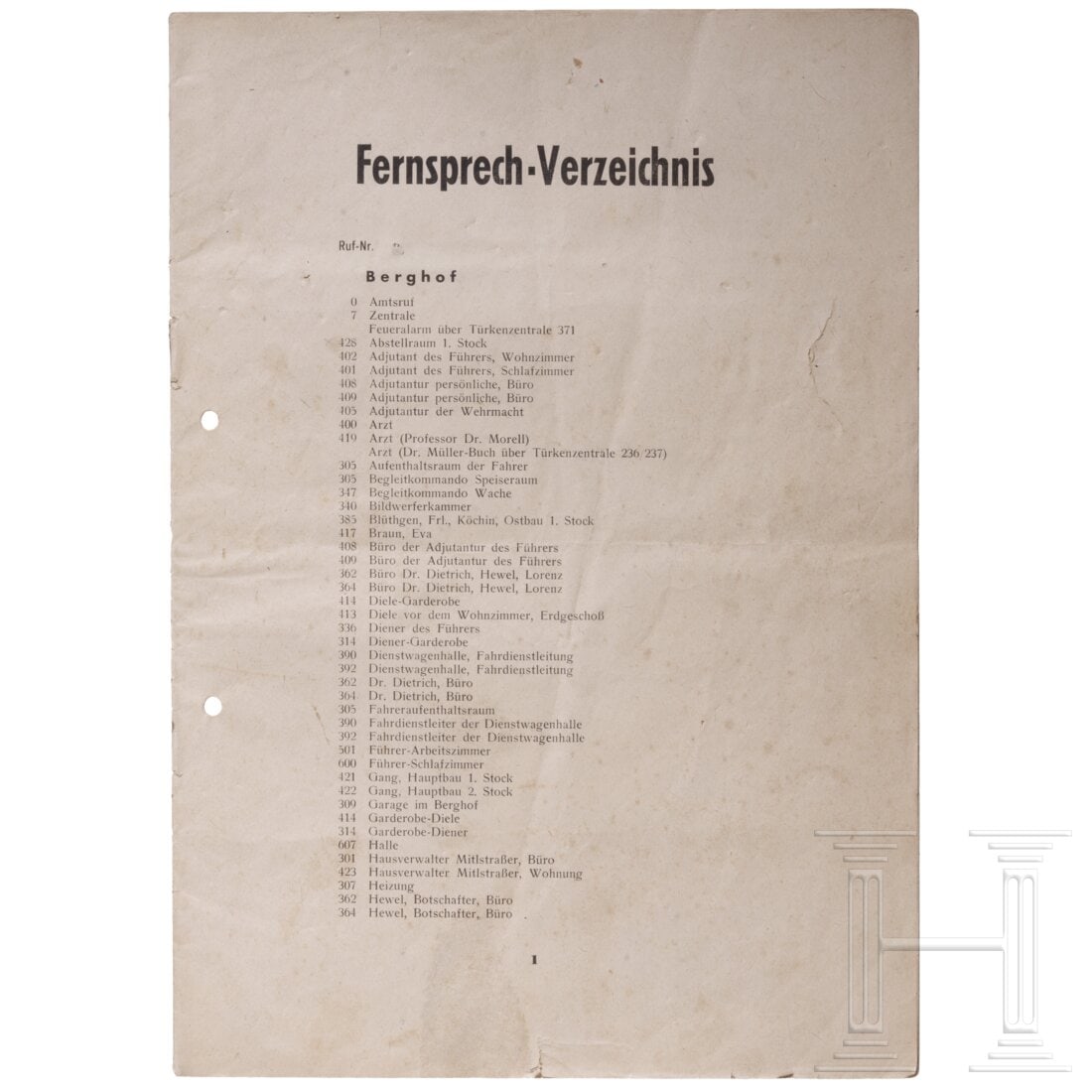 The telephone directory of Obersalzberg (Berghof): The telephone directory of Obersalzberg (Berghof)Enthalten sind die Rufnummern vom Berghof, Haus Bormann, Bechsteinhaus, Gästehaus, Kehlsteinhaus, Haus Vordereck sowie von den Bunkern und Baracken. 1