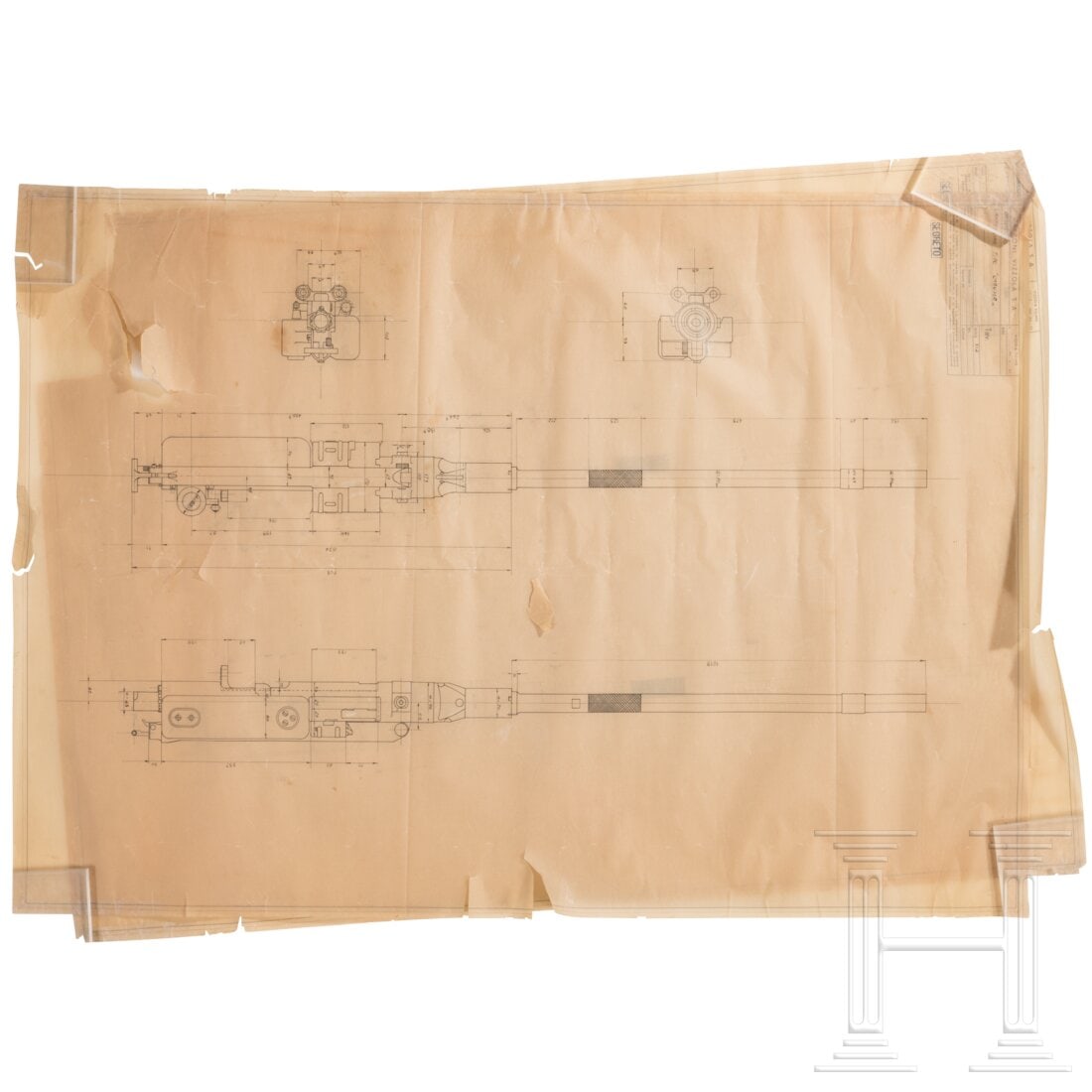 Blueprints for a Mauser cannon: Blueprints for a Mauser cannonZwei Skizzen für eine Bordkanone. Auf beiden jeweils bezeichnet "Cannonico Tipo Mauser" und "Segreto". Dazu liegen bei der größeren Skizze eine und bei der kleinen zwe