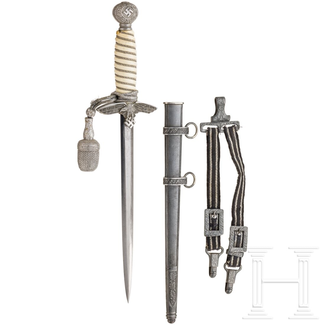A Luftwaffe officer's dagger M37 with portepee and hangers, manufacturer Höller: A Luftwaffe officer's dagger M37 with portepee and hangers, manufacturer HöllerBlanke Klinge mit geätzter Herstellermarke, Knauf und Parierstange aus Aluminium, weißes Griffstück (mit Reparaturste