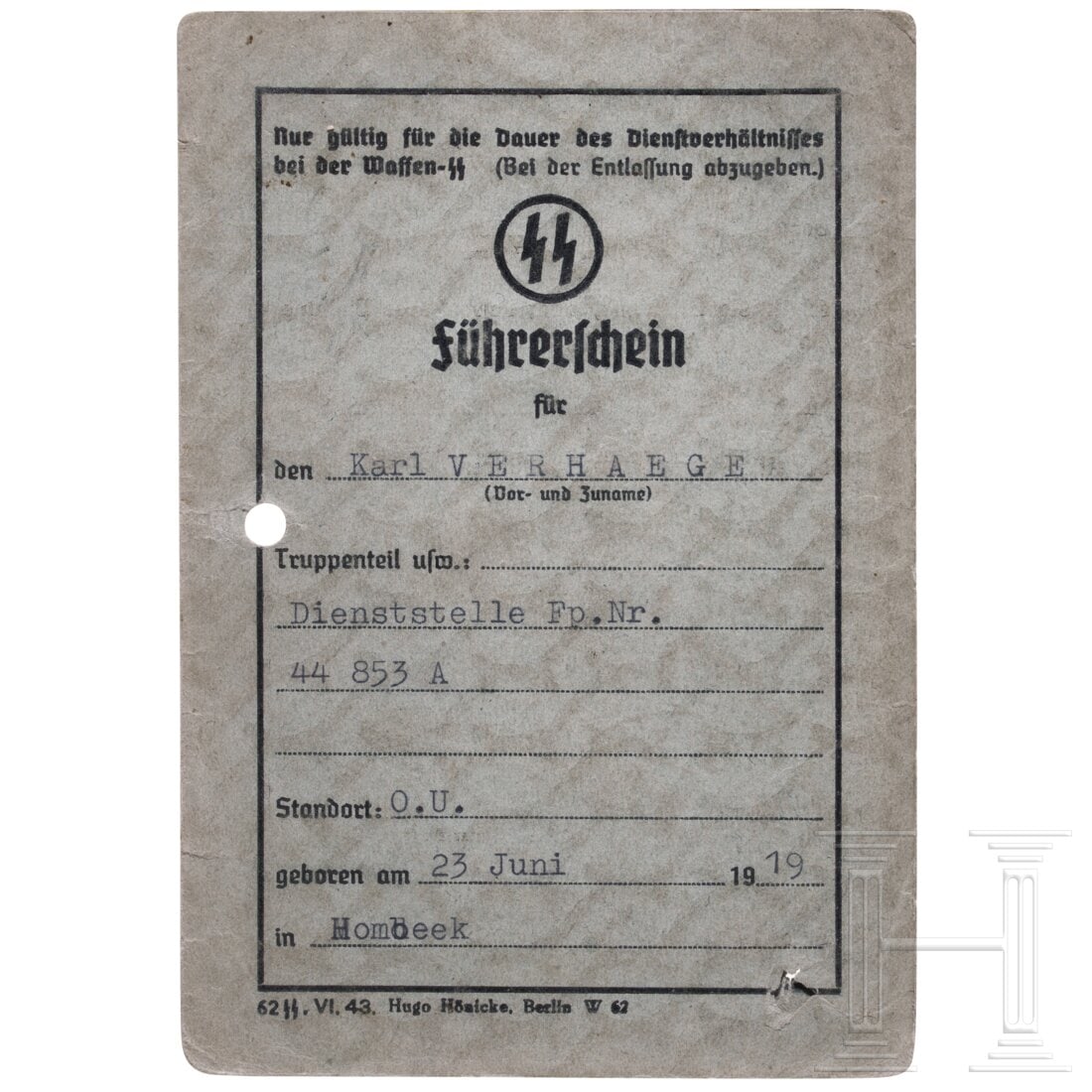 An SS driving license of a Flemish volunteer: An SS driving license of a Flemish volunteerDoppelseitiger Pappausweis, ausgestellt am 17.11.43 von der Dienststelle Fp.Nr. 44 853 A (= Stab der 27. SS-Freiwilligen-Grenadier-Division "Langemark") mit
