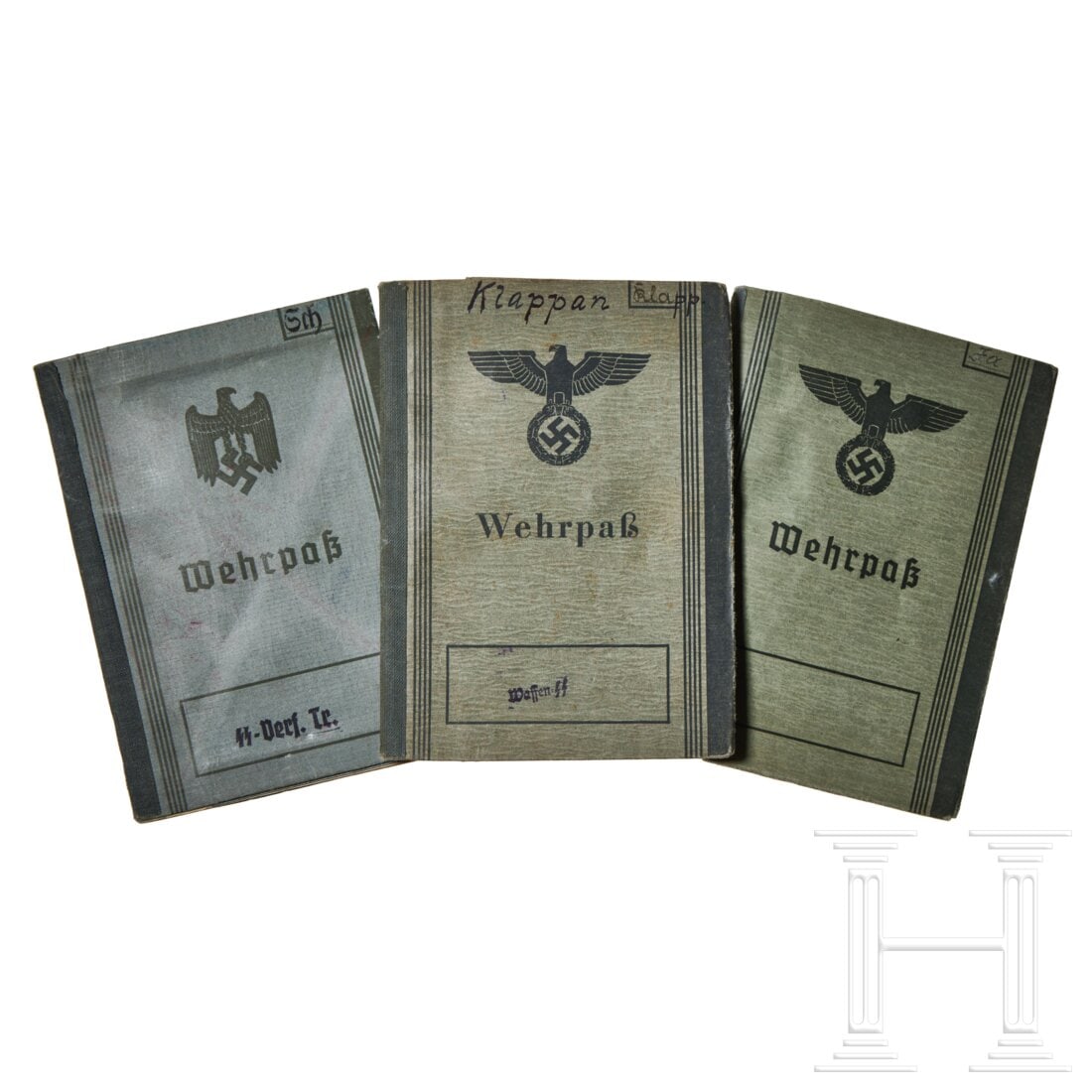 A Small Collection of Waffen SS Wehrpass: A Small Collection of Waffen SS WehrpassThree Wehrpass for SS personnel. SS-VT member. Awards: SA Sports Badge, German Horseman's Badge, and German Olympic Commemorative Medal. SS Police member. Stand
