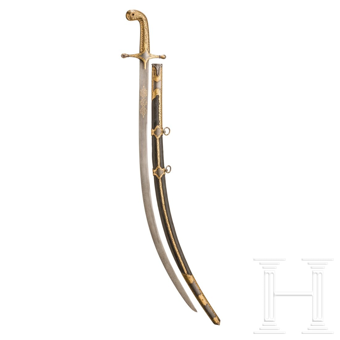 An Ottoman shamshir, mid-19th century: An Ottoman shamshir, mid-19th centuryOlder, curved single-edged blade of wootz Damascus steel, late 18th century (Qajar era), the obverse with gold inlaid inscriptions in Nastaliq with the smith's nam