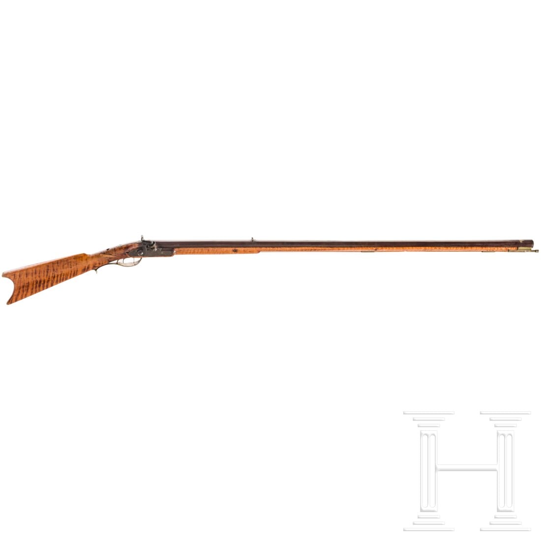 A Benjamin Sells Kentucky percussion rifle, Georgetown, USA, ca. 1835: A Benjamin Sells Kentucky percussion rifle, Georgetown, USA, ca. 1835Achtkantiger brünierter Lauf mit sechsfach gezogener Seele im Kaliber 9 mm. Eingeschobene Visierung, über der Kammer geschlagene 