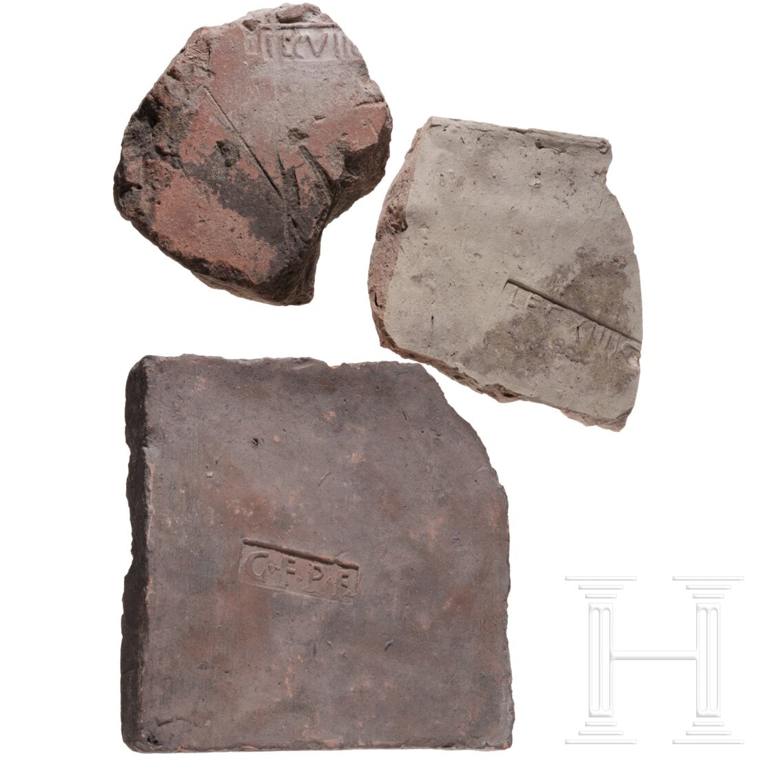 Three Roman bricks, stamped, including two legionary stamps, 2nd - 3rd century A.D. (1 of 2)