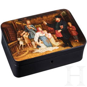 A Russian papier mâché and lacquer box with the rare scene "The Collection of Arrears" after a (1 of 4)