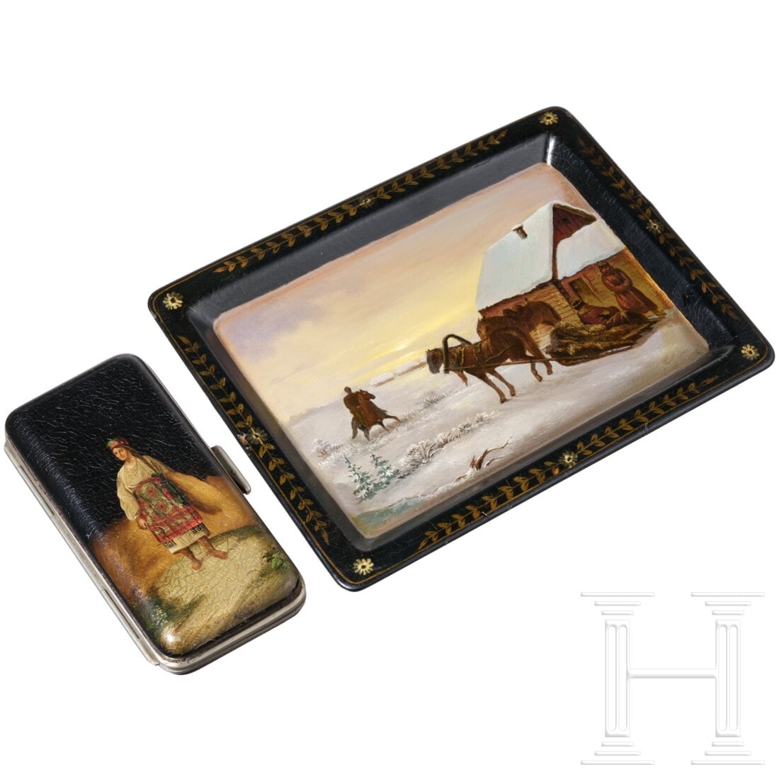 A Russian papier mâché and lacquer case and small tray, Ostashkov, Osip Vishyakov and Sons (1 of 4)