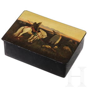 A Soviet papier mâché and lacquer box with bogatyr, circa 1930 (1 of 3)