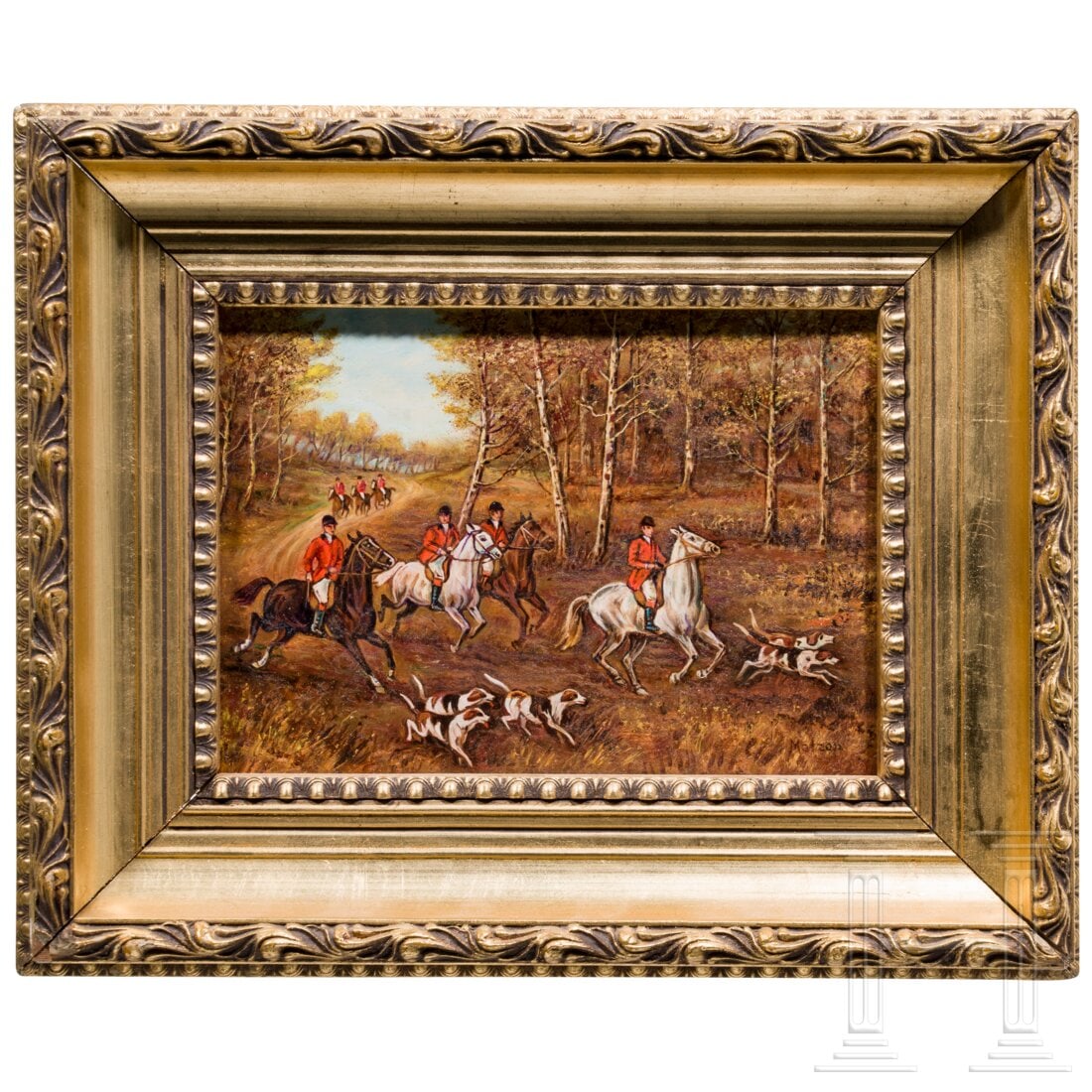 A painting showing hunters on horses with their dogs, signed "Matzon": A painting showing hunters on horses with their dogs, signed "Matzon"Öl auf Holzplatte. Darstellung einer Gruppe Jäger zu Pferde mit ihren Hunden. Unten rechts bezeichnet "Matzon". In einem vergolde
