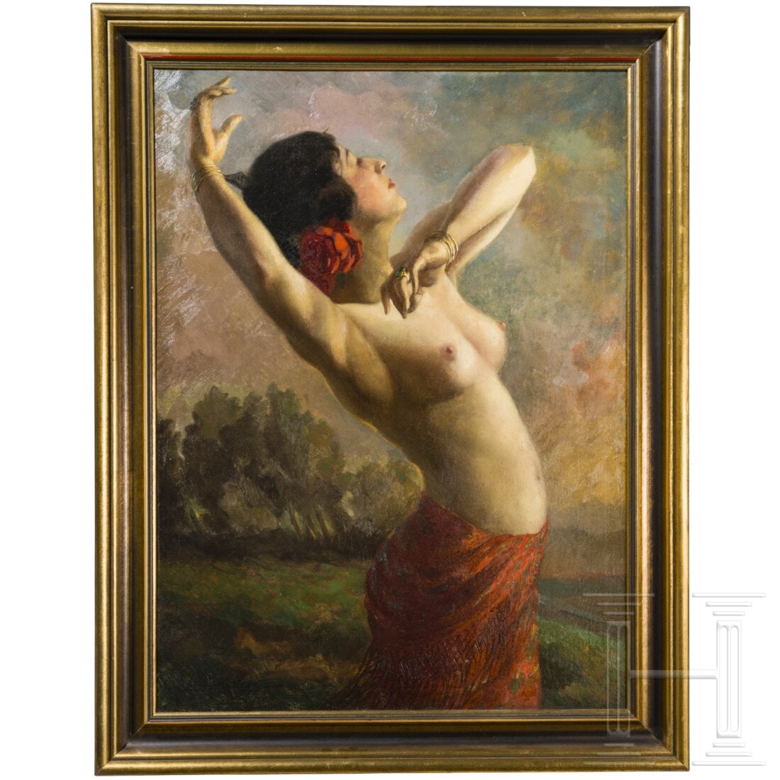 "Dancer", Hans Hassenteufel (Hamburg 1887 - 1943 Munich), 1920s, oil on canvas: "Dancer", Hans Hassenteufel (Hamburg 1887 - 1943 Munich), 1920s, oil on canvasOil on canvas. Signed lower left “Hassenteufel.” A semi-nude depiction of a dancer with raised arms against a land