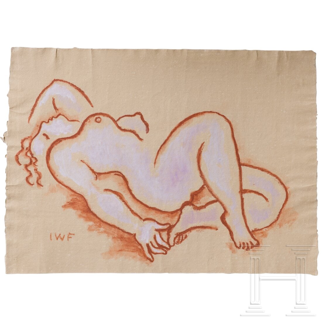Jacob Wilhelm Fehrle (1884 - 1974), two German reclining nudes, 20th century: Jacob Wilhelm Fehrle (1884 - 1974), two German reclining nudes, 20th centuryGouache auf Papier und ein Holzschnitt. Eine sinnlich liegende und eine entspannt mit gehobenem Bein, womöglich im Freien, 