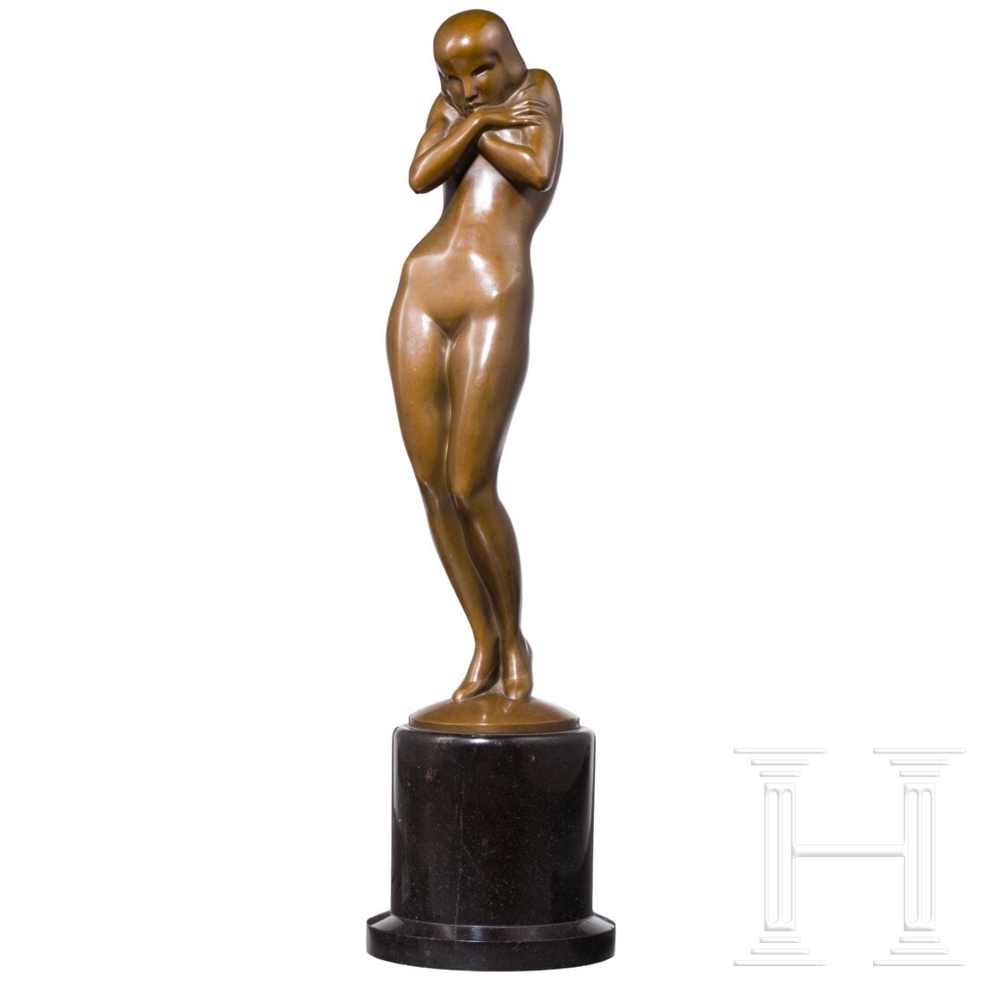 A bronze "Standing Female Nude", Wolfgang Schwartzkopff (Frankfurt am Main 1886 - 1943 Berlin),: A bronze "Standing Female Nude", Wolfgang Schwartzkopff (Frankfurt am Main 1886 - 1943 Berlin), first half of the 20th century, bronzeBronze with a brown patina. Signed “W. SCHWARTZKOPFF” on t