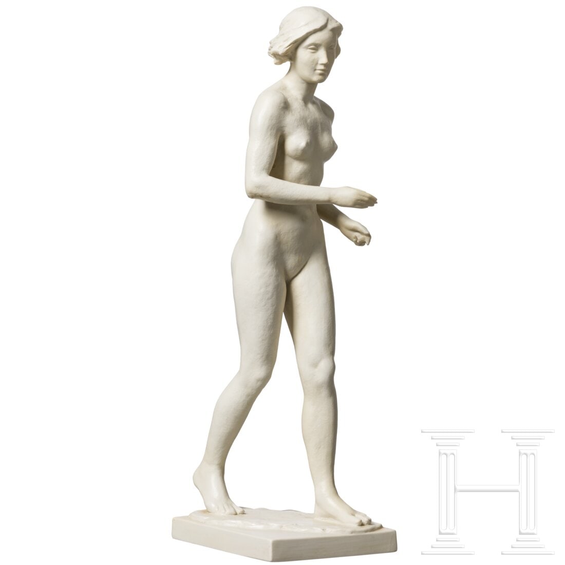 A buiscuit porcelain figure of a walking nude "Die Schreitende", Ottmar Obermaier, 1931 (design),: A buiscuit porcelain figure of a walking nude "Die Schreitende", Ottmar Obermaier, 1931 (design), Rosenthal, Kunstabteilung Selb, 1940s (finish)Biskuitporzellan. Auf einem quadratischem Sockel. Weibli