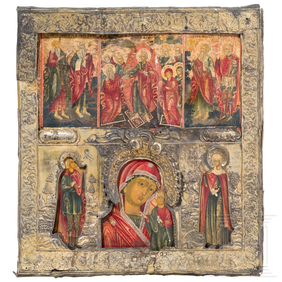 A large six-field icon with Christ's descent into hell and the Kazanskaya Mother of God with silver: A large six-field icon with Christ's descent into hell and the Kazanskaya Mother of God with silver riza, Russia, 19th centuryHolztafel mit zwei applizierten vertikalen Leisten an den Rändern. Temper