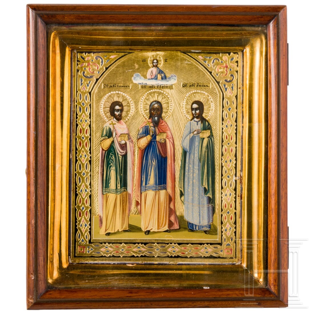 A small icon showing Saints Samon, Guri and Aviv with kiot, Russia, circa 1900 (1 of 2)