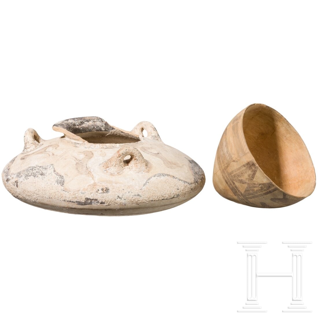 A small geometric painted clay bowl and a three-handled vessel, 6th - 4th century B.C. (1 of 3)
