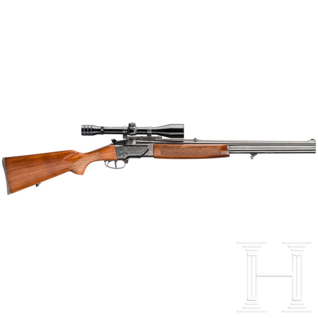 A combination gun Brünner ZH 304: A combination gun Brünner ZH 304Cal. 12/70, Cal. 7x57R, SN. 408519/3-441335, blanke Läufe. Länge 60 cm. Guillochierte Laufschiene mit Standkimme und Balkenkorn. Gültiger Beschuss. Stahlbasküle mi