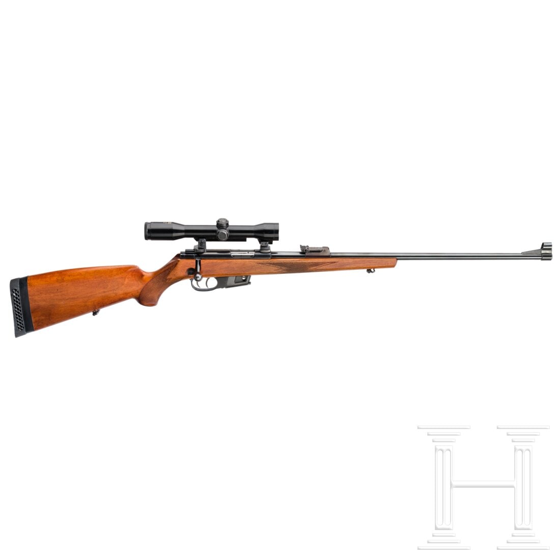 A rWalther KKJ, with Hensoldt scope: A rWalther KKJ, with Hensoldt scopeCal. .22Hornet, SN. 43492, blanker Lauf, Länge 58 cm. Schiebevisier skaliert von 50-200 und Perlkorn mit Korntunnel. Zylinderverschluss. Gültiger Beschuss 1960. Si