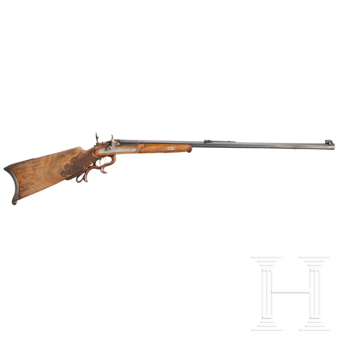 A Hellfritsch "Zimmerstutzen", Nuremberg: A Hellfritsch "Zimmerstutzen", NurembergCal. 4,4mm(Bullet), SN. ohne, spiegelblanker Lauf, Länge 180 mm. Dioptervisier, dieses zum Teil feinnarbig. Oben am Lauf einzeilig bezeichnet "H. Hellfritsch i
