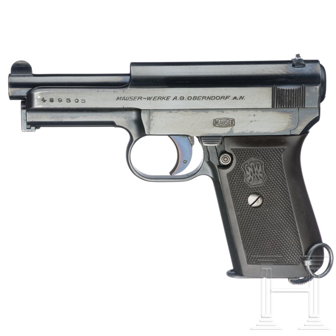 A Mauser Mod. 1914: A Mauser Mod. 1914Cal. 7,65mmBrowning, SN. 489505, nummerngleich. Blanker Lauf, Länge 85 mm. Achtschüssig. Beschuss Doppelkrone/"U". Links am Verschluss einzeilige Firmierung, am Rahmen Mausertonne.