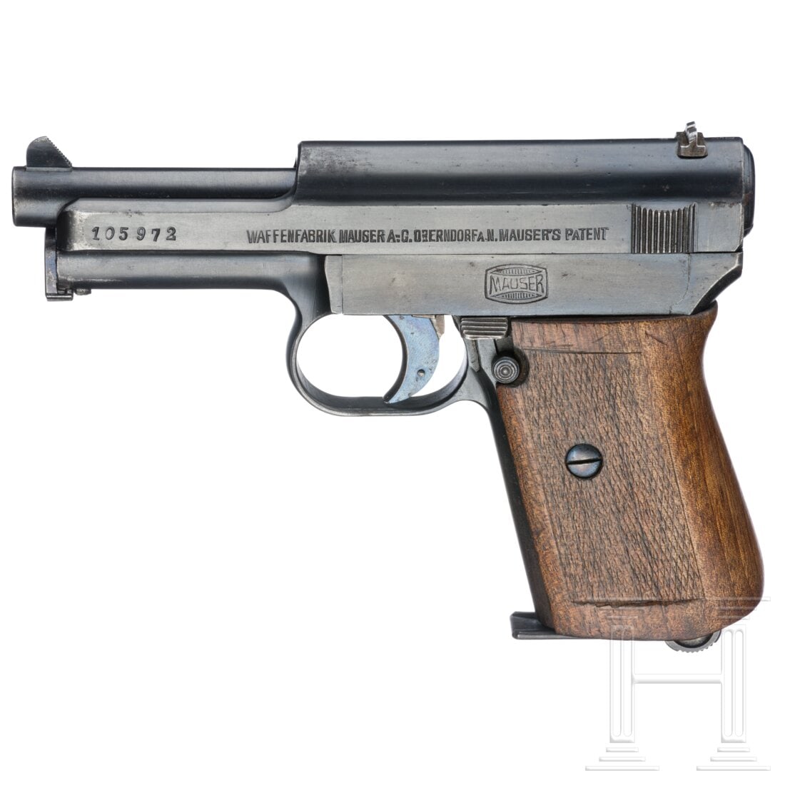 A Mauser Mod. 1914, ca. 1920: A Mauser Mod. 1914, ca. 1920Cal. 7,65mmBrowning, SN. 105972, nummerngleich. Blanker Lauf. Achtschüssig. Links am Schlitten einzeilige Standardbeschriftung ohne Mausertonne, dafür Mausertonne am
