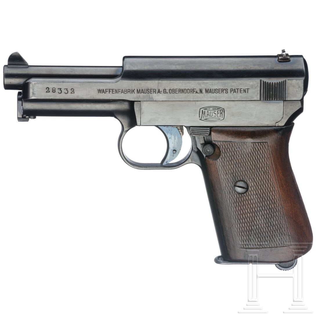 A Mauser Mod. 1914, ca. 1925: A Mauser Mod. 1914, ca. 1925Cal. 7,65mmBrowning, SN. 28332, nummerngleich. Blanker Lauf, Länge 87 mm. Achtschüssig. Beschuss Doppelkrone/"U". Links am Verschluss Firmierung, sog. "Heavy One Line