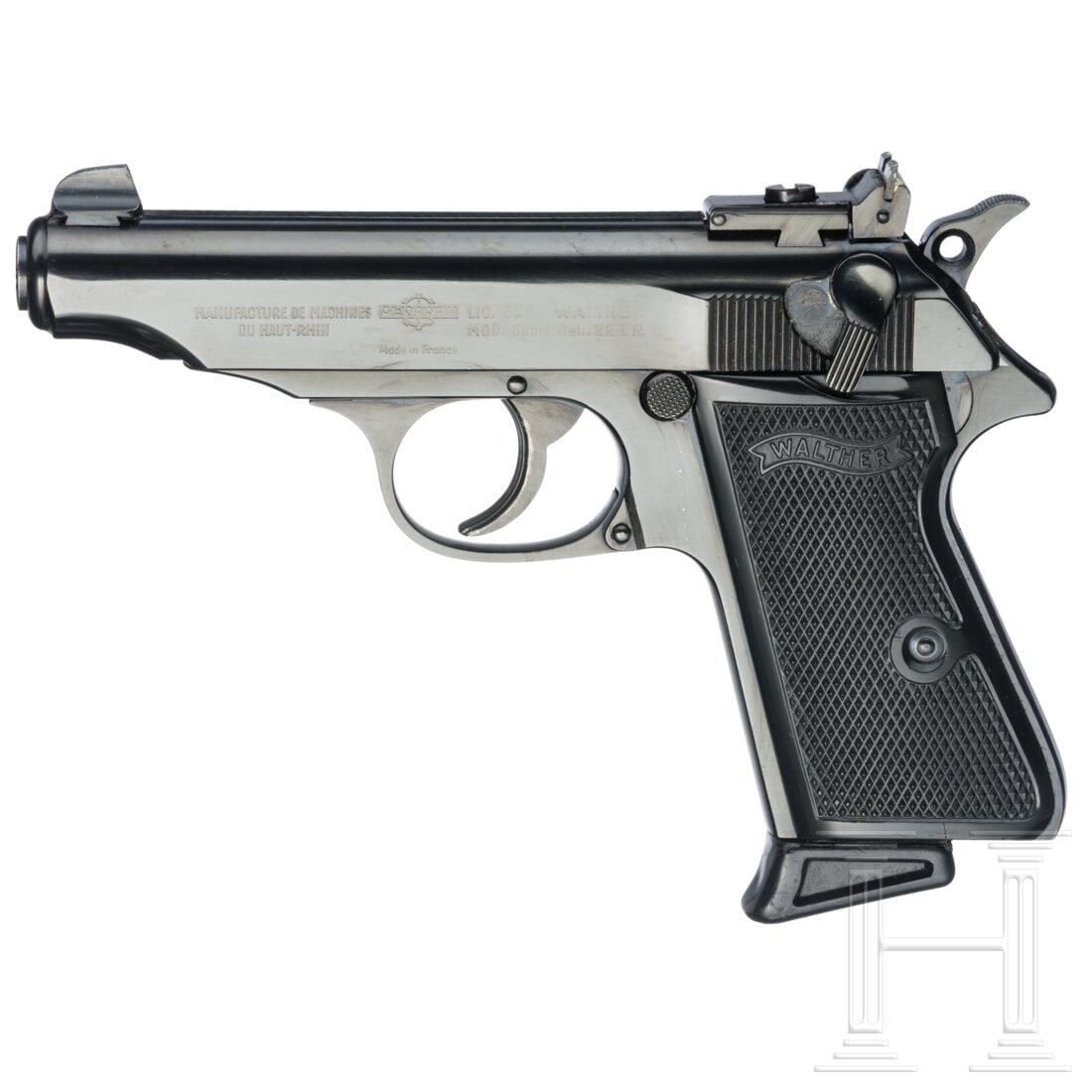 A Manurhin Mod. PP Sport: A Manurhin Mod. PP SportCal. .22lr, SN. 20211LR, blanker Lauf, Länge 100 mm. Manurhin Standardbeschriftung. Single Action only. Gültiger französischer Beschuss. Verstellbares Visier, erhöhtes Korn
