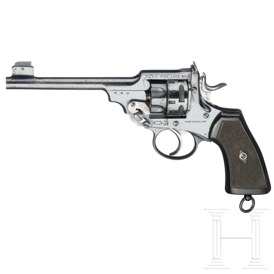 A Webley & Scott Mark VI: A Webley & Scott Mark VICal. .22lr, SN. 450709, nummerngleich. Leicht rauer Lauf (Reinigung erforderlich), Länge 6". Sechsschüssig. Britischer Beschuß. Auf der Rahmenbrücke zweizeilig gemarkt "Web