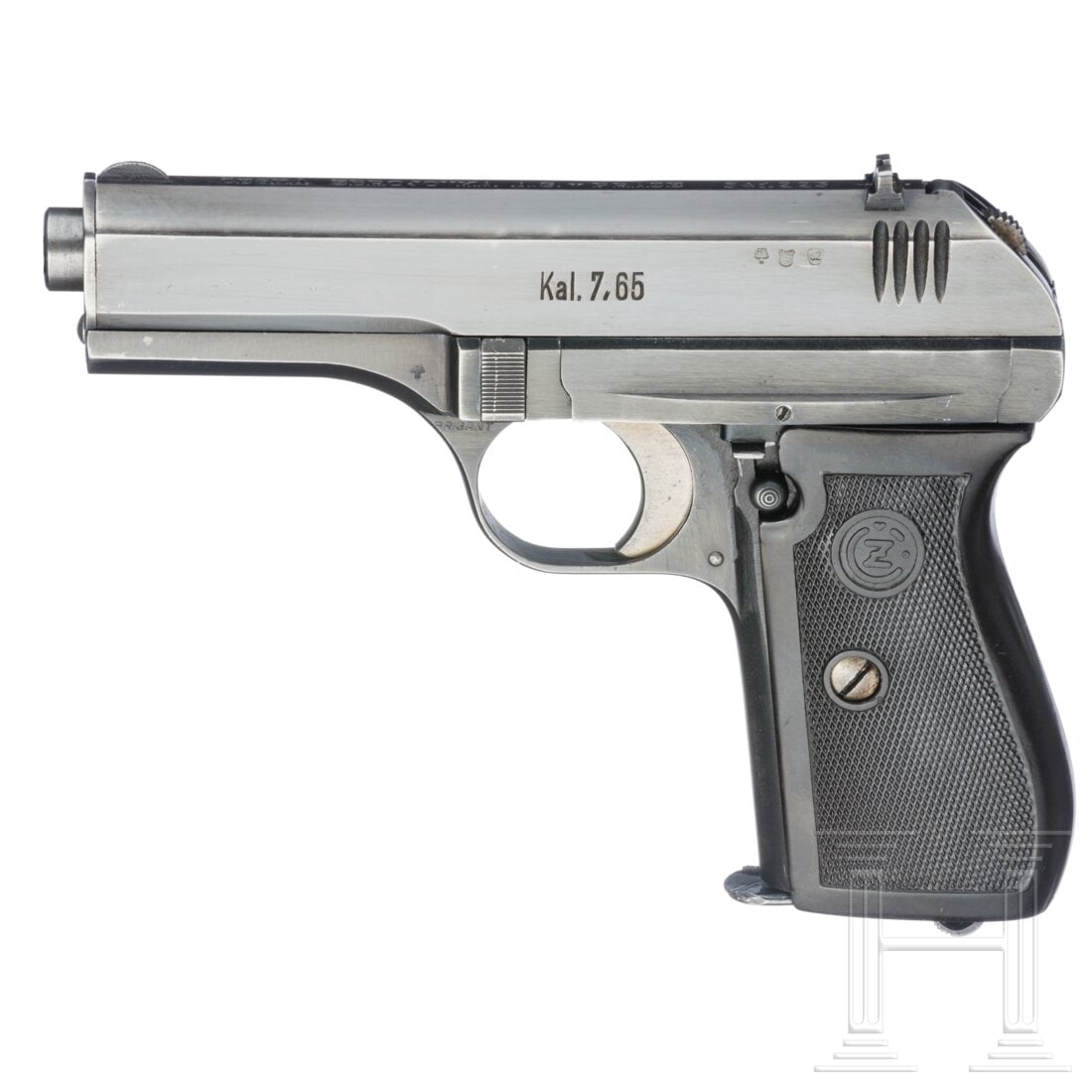 A CZ Mod, 27, 1946: A CZ Mod, 27, 1946Cal. 7,65mmBrowning, SN. 541223, nummerngleich. Blanker Lauf. Neunschüssig. Tschechischer Beschuss 1946. Deutscher Beschuss 1962. Hebel- und Magazinsicherung. Tschechische Standardb