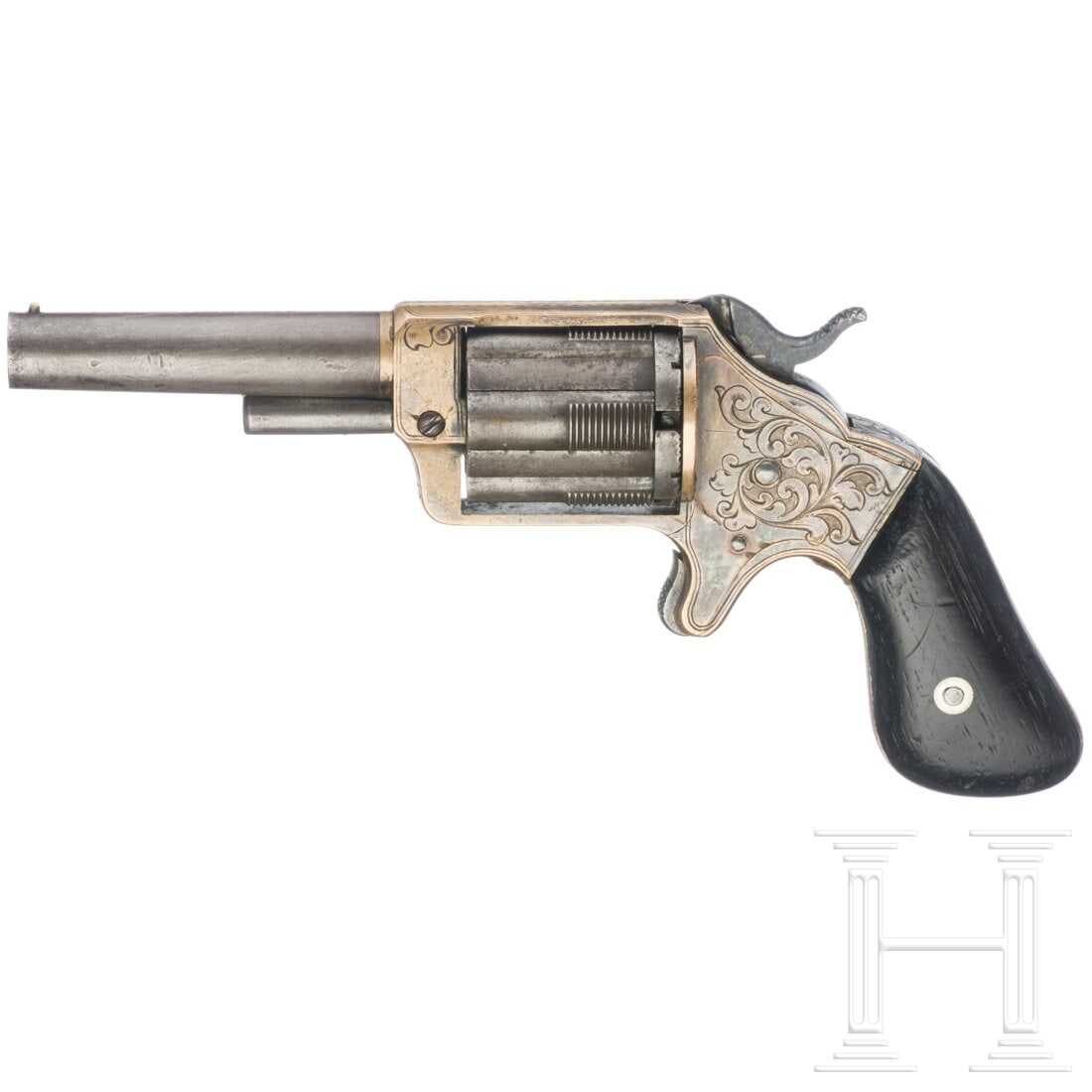 A Brooklyn Arms Slocum Revolver, ca. 1865: A Brooklyn Arms Slocum Revolver, ca. 1865Cal. .32Short, SN. 7963, runder 75mm-Lauf, teils rau, aber noch recht gutes Zug/Feld-Profil. Fünfschüssig. Messing-Perlkorn. Lauf bezeichnet "B.A.Co.Patent