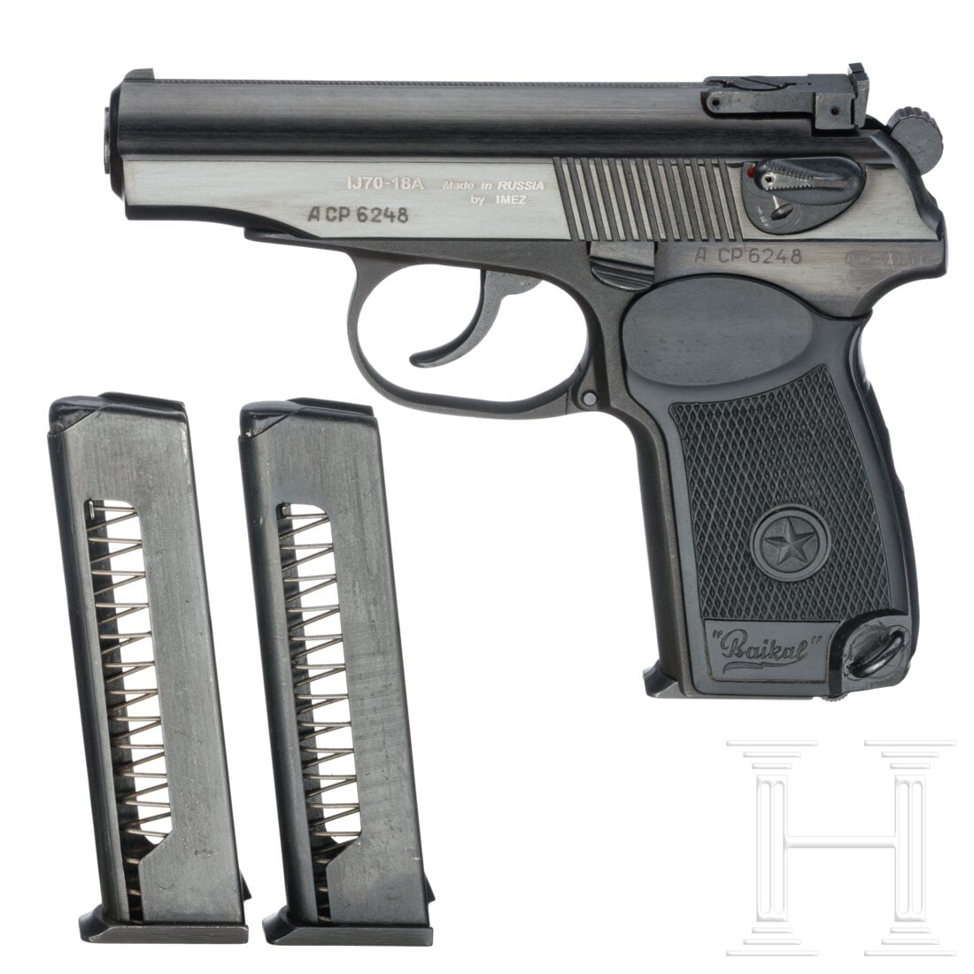 Russia - Makarow Mod. IJ70-18A Baikal Pistol: Russia - Makarow Mod. IJ70-18A Baikal PistolCal. 9mmMakarov, SN. ACP6248, DA/SA. Unlizenzierter Nachbau der Walther PP. Zivile Waffe, hergestellt aus der Armeepistole (Makarow) PM bei der russischen F