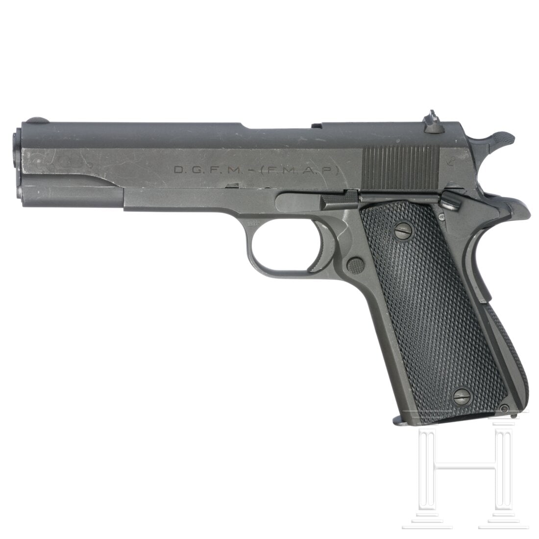 A DGFM-(F.M.A.P.) Mod. 1927 Sist. Colt, Aeronautica Argentina: A DGFM-(F.M.A.P.) Mod. 1927 Sist. Colt, Aeronautica Argentina Cal. .45Auto, SN. 98149-5139, nummerngleich. Lauf leicht matt und verschmutzt, Länge 12,5cm. Deutscher Beschuß 1990. Herstellung um 1960