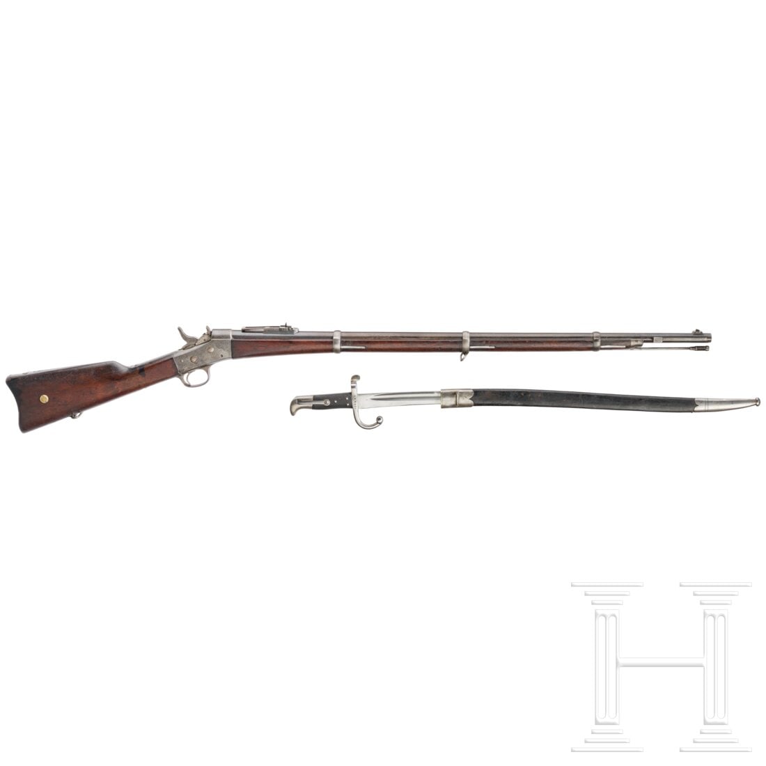 A Remington Mod. 1867/96 infantry rifle,with bayonet: A Remington Mod. 1867/96 infantry rifle,with bayonetCal. 11,7x51R M67, SN. 65974 , nummerngleich. Blanker Lauf, Kaliber von ehemals Randfeuer auf Zentralfeuer convertiert. Auf der Oberseite verstellba