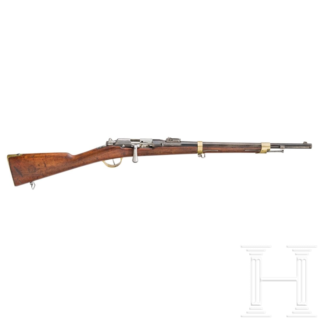 A Mousqueton d'artillerie, Mle 1874 M80: A Mousqueton d'artillerie, Mle 1874 M80Cal. 11x59R Gras, SN. A 7731, nummerngleich. Blanker Lauf, Länge 50 cm. Einzellader. Fertigung Chatellerault 1876. Sockelvisier 150 m, Rahmenvisier bis 1200 m. 