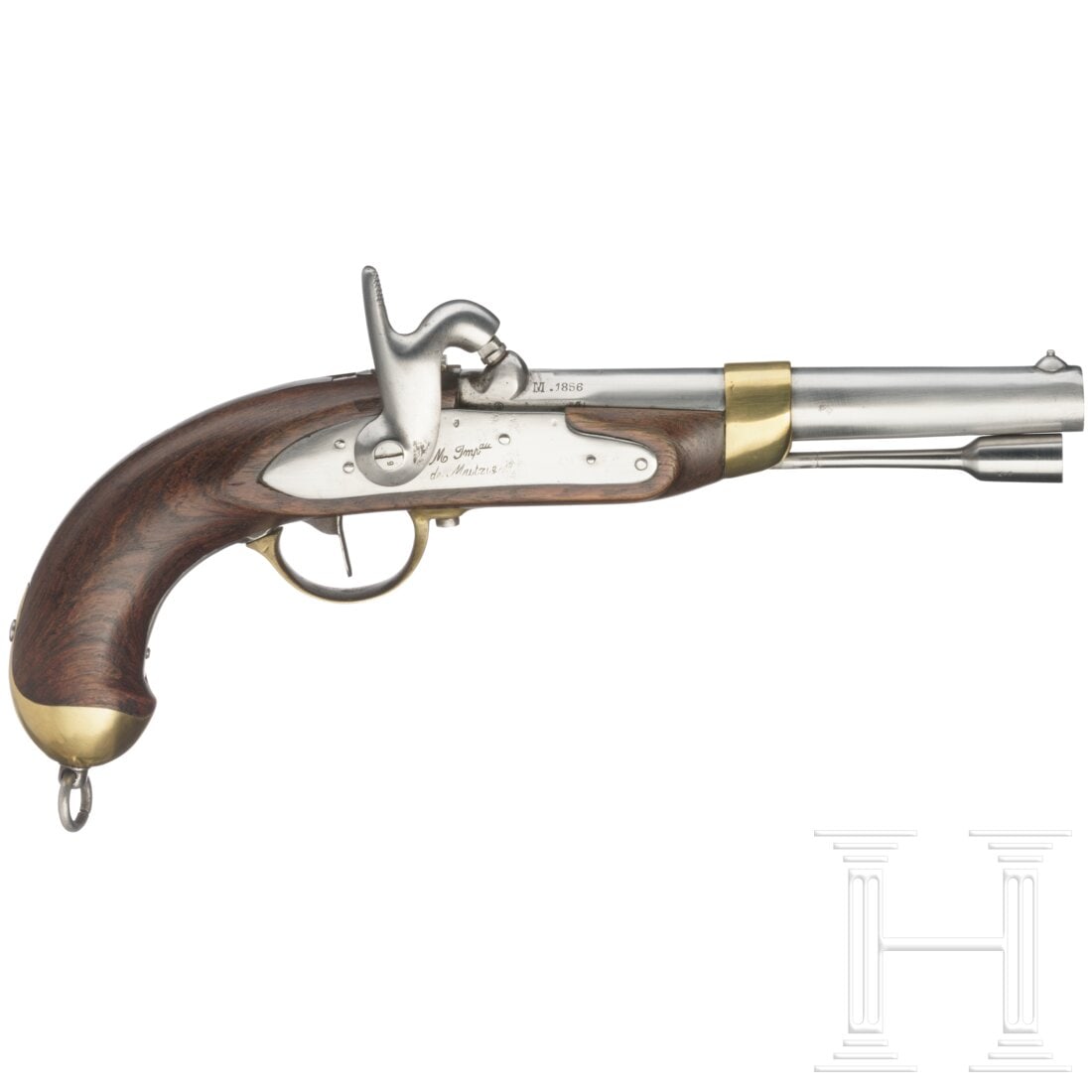 An M 1822 T bis Neuf cavalry percussion pistol: An M 1822 T bis Neuf cavalry percussion pistolOktagonaler, in rund übergehender Lauf mit glatter Seele im Kaliber 18 mm. Über der Kammer divers gemarkt, unter anderem Kaliber und rechtsseitig Herste