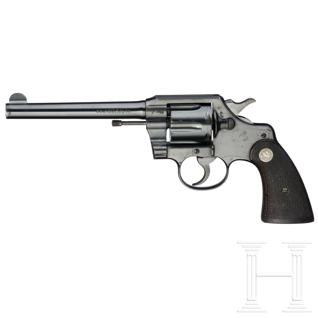 A Colt Official Police: A Colt Official PoliceCal. .38Special, SN. 645474, nummerngleich. Rauer Lauf, Länge 15 cm. Sechsschüssig. Brit. Beschuss. Fertigung 1940. Auf dem Lauf zweizeilig Firmierung und Patente bis 1926, lin