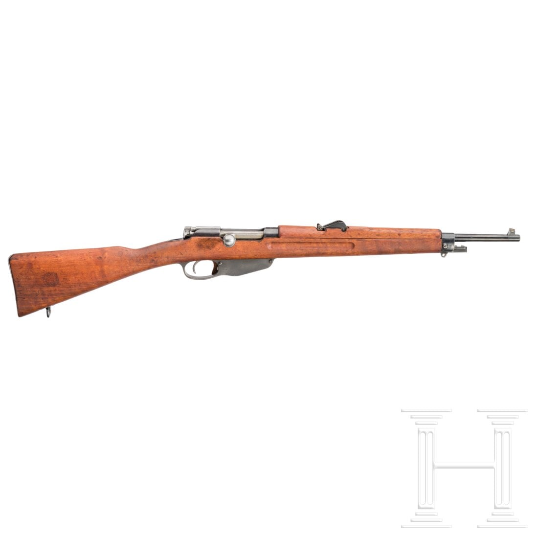 A Hembrug Mod. 1895 repeating rifle: A Hembrug Mod. 1895 repeating rifleCal. 6,5x54R Mannl, SN. 2921 L, nummerngleich. Lauf matt. Links an der Hülse bezeichnet "Hembrug 1918". Treppenvisier skaliert von 4 - 20. Gute, originale Brünieru