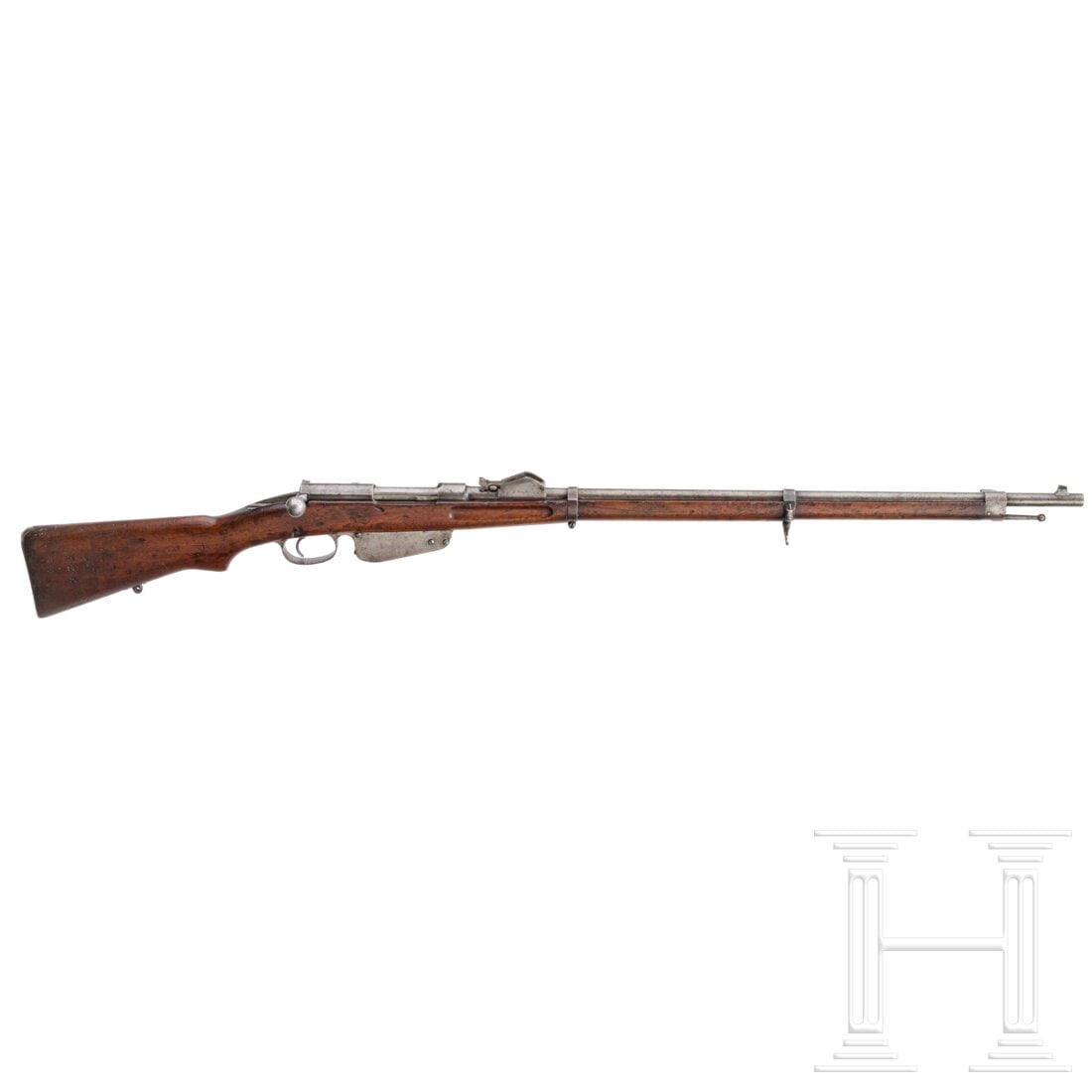A OEWG Mod. 1890 Mannlicher: A OEWG Mod. 1890 MannlicherCal. 8x50R Mannl, SN. 7450X, nummerngleich. Matter, leicht rauer Lauf, Länge 76 cm. Hülsenkopf signiert "OEWG". Quadrantenvisier skaliert 5 - 25, Haltefeder fehlt. Reste v