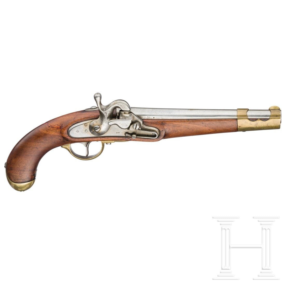 An M1851 pistol with small Augustin lock: An M1851 pistol with small Augustin lockRunder Lauf mit glatter Seele im Kaliber 17 mm. Beidseitig der Kammer gemarkt. Hinterer Laufabschnitt mit geöltem Filzpfropfen verschlossen. Auf Schlossplatte 