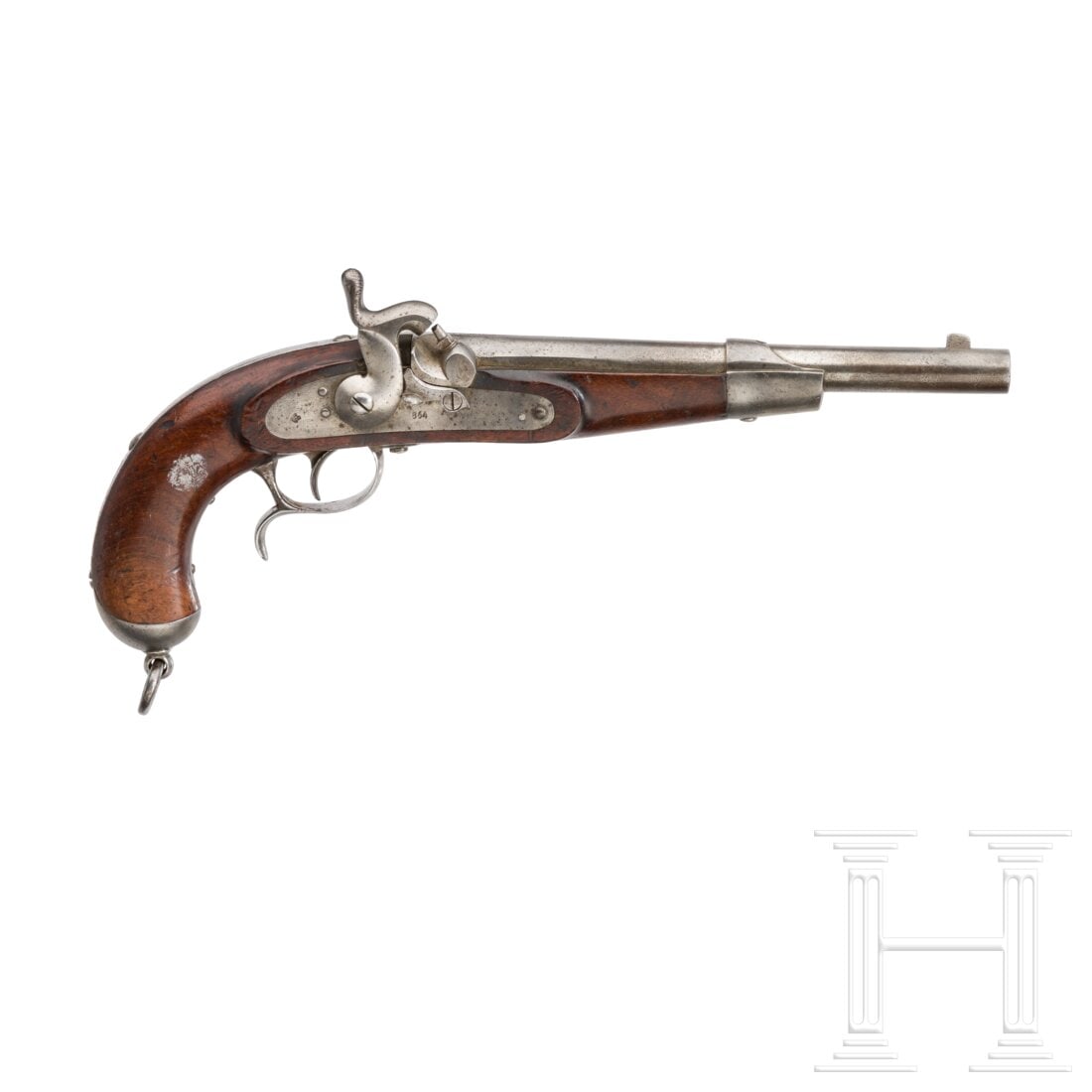 A percussion pistol M1858, with buttstock: A percussion pistol M1858, with buttstockSeitlich abgeflachter, in rund übergehender, konischer Lauf mit vierfach gezogener Seele im Kaliber 14 mm. Auf der Oberseite mit "L Wurzinger" gemarkt. Perkus
