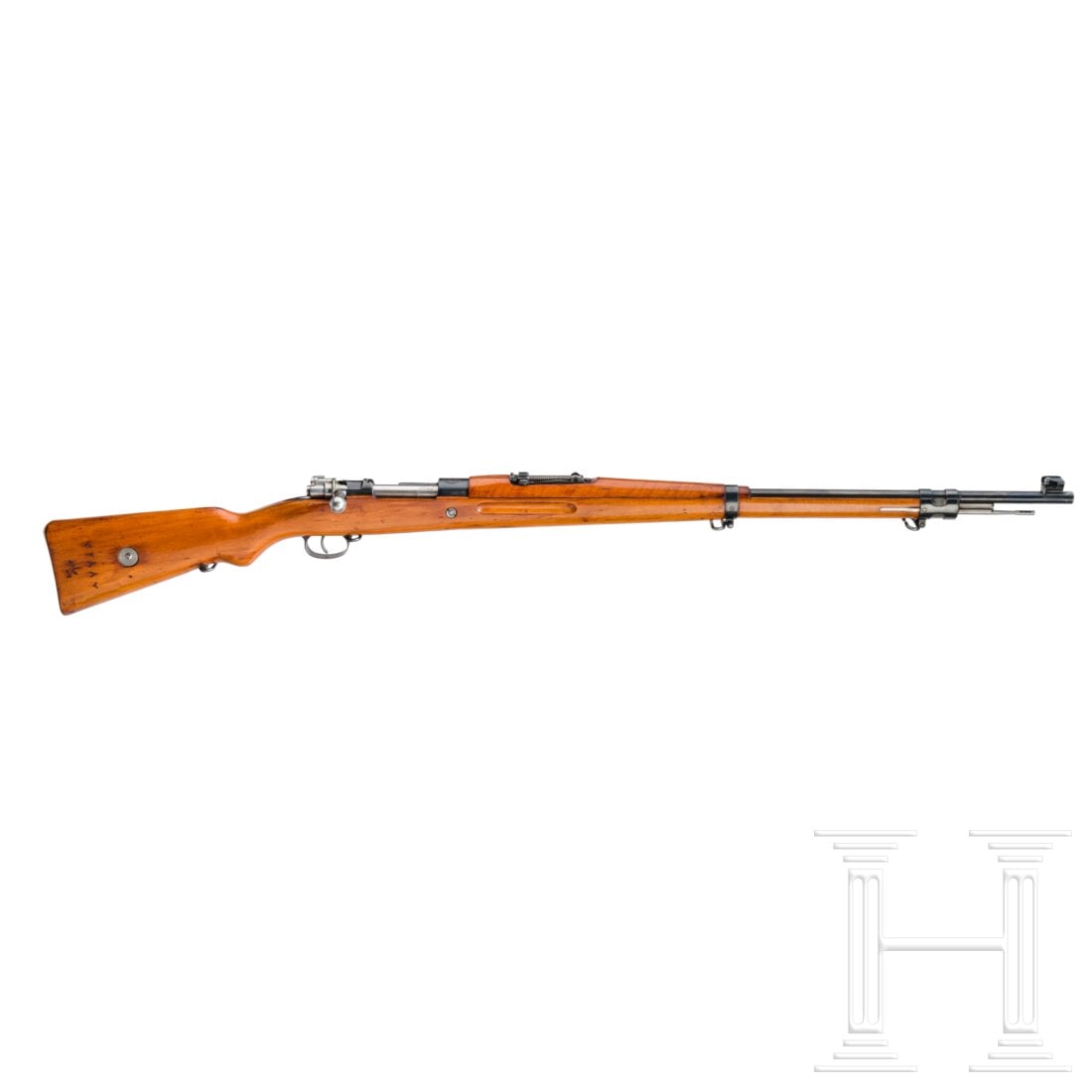 A Brünner Waffenwerke Mod. 98/38: A Brünner Waffenwerke Mod. 98/38Cal. 8x57JS, SN. 7288, in Farsi. Nummerngleich. Blanker Lauf. Deutscher Beschuss 1988. Auf der Hülse das persische Staatswappen. Vollständige originale Brünierung. 