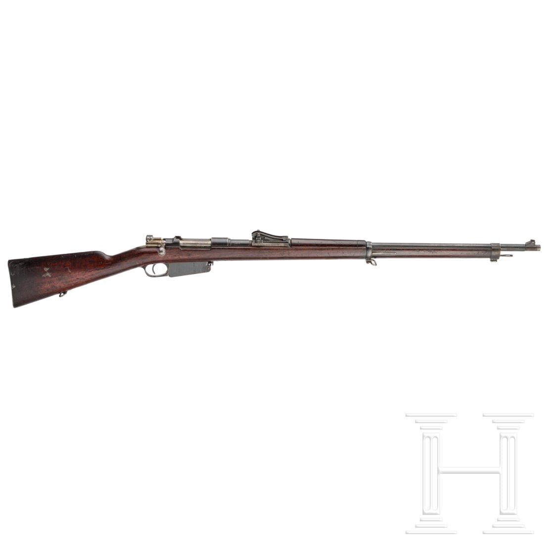 A DWM Mod. 1891: A DWM Mod. 1891Cal. 7,65x53Arg, SN. 6139, nummerngleich, Schloss ohne Nummer. Blanker Lauf, Länge 74 cm. Fünfschüssig. Lange-Visier skaliert 4 - 20. Links an der Führung dreizeilige Firmierung, am