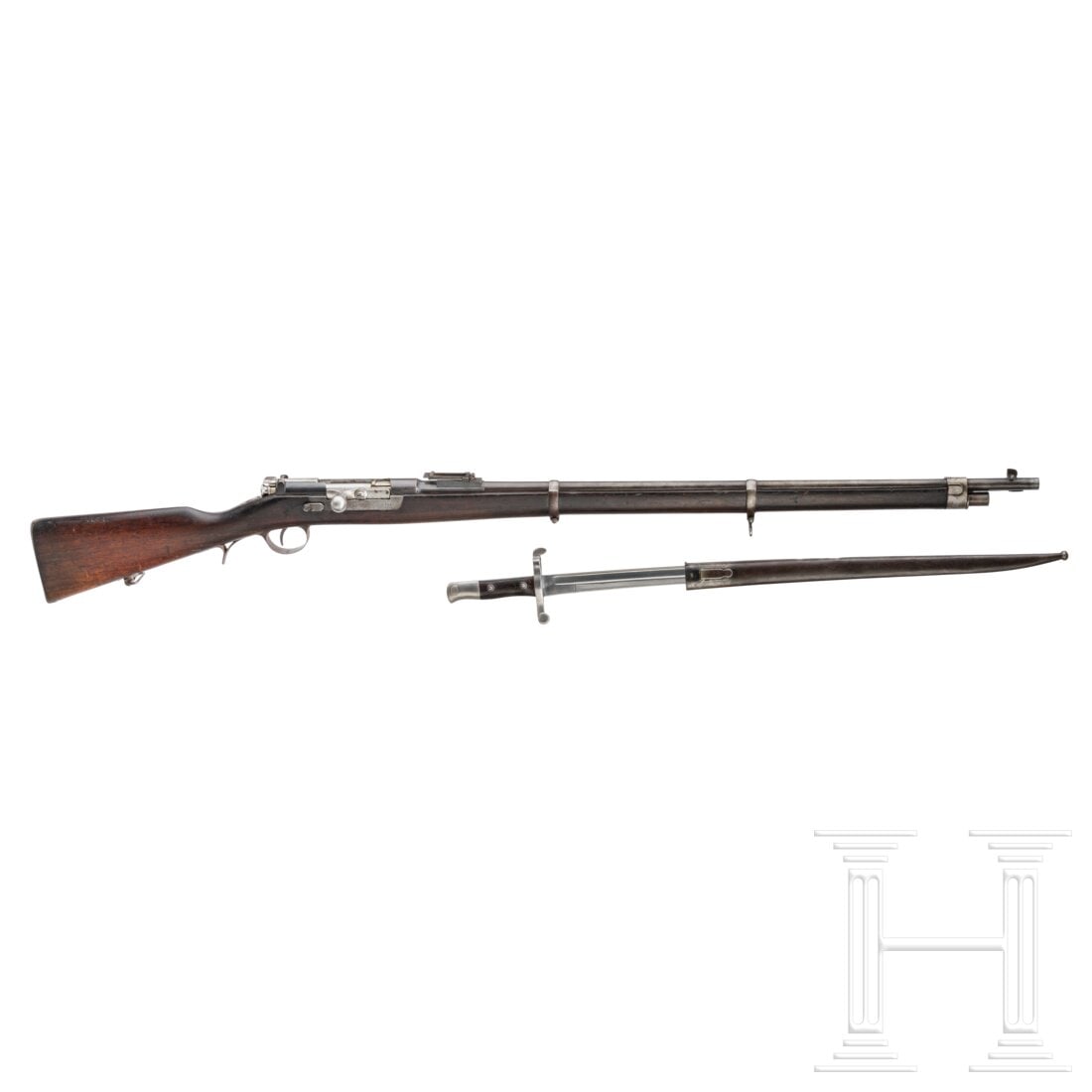 A Kropatschek Mod. 1886, with bayonet: A Kropatschek Mod. 1886, with bayonetCal. 8x60R Krop, SN. 0295 , nummerngleich bis auf Verschluss. Leicht rauer Lauf, Länge 82 cm. Achtschüssiges Röhrenmagazin, umschaltbar auf Einzelschuss. Fertig