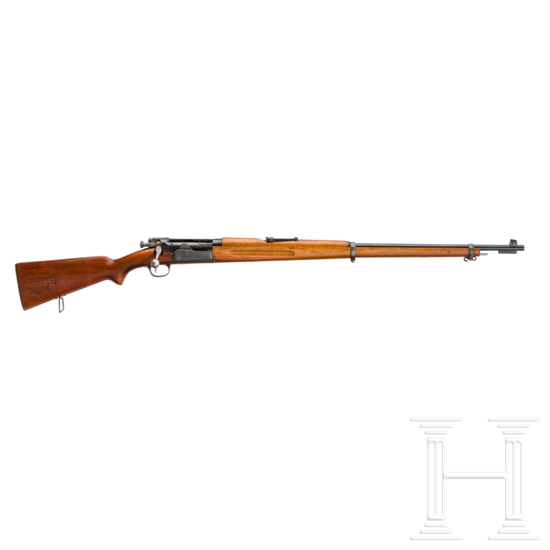 A Krag-Jörgensen Mod. 1894: A Krag-Jörgensen Mod. 1894Cal. 6,5x55Schwed, SN. 110603, nummerngleich. Blanker Lauf, Länge 30". Deut. Beschuss 1999. Visier skaliert bis 2200. Vollständige, originale Brünierung, Beschläge fleck