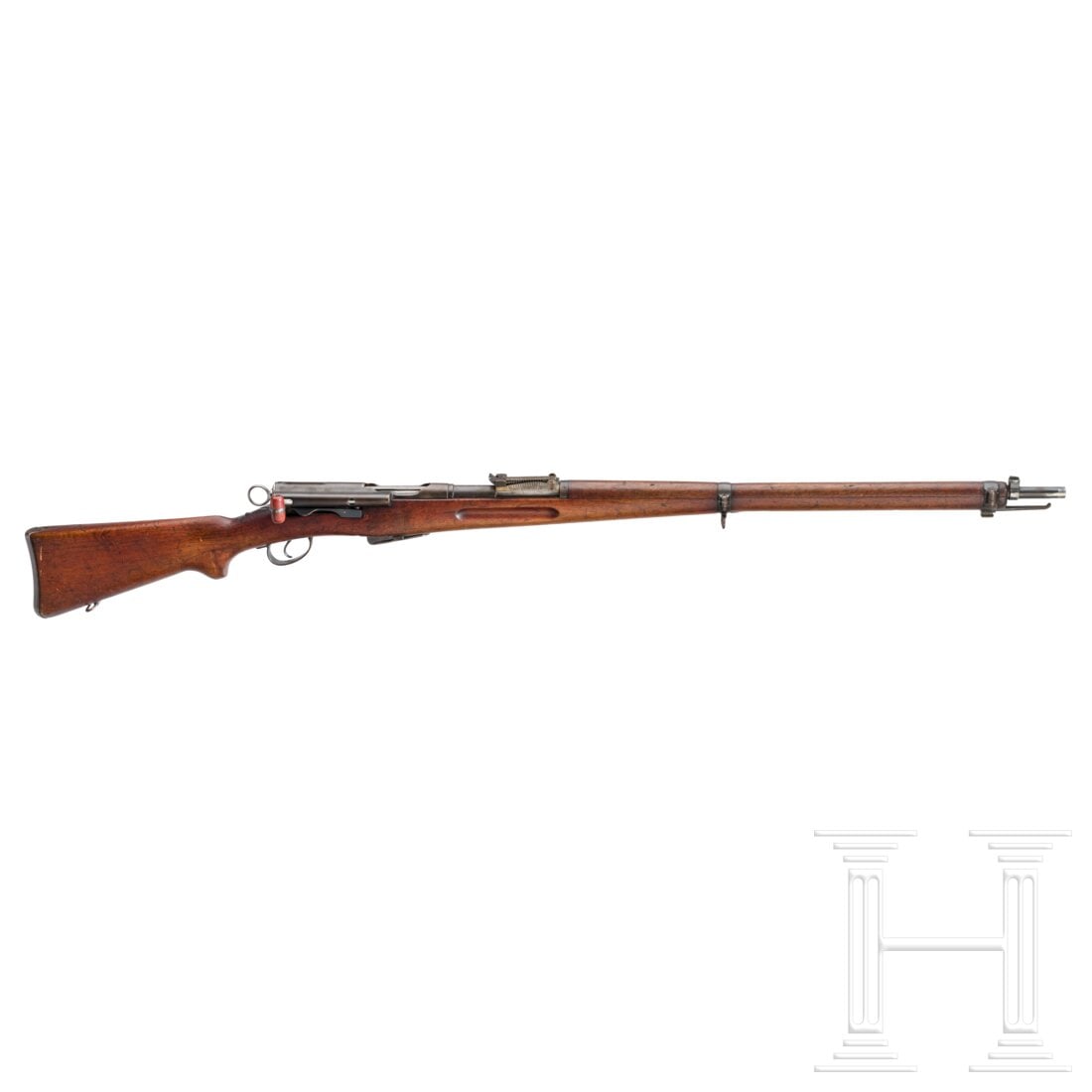 A Mod. 1896/11 by W+F Bern: A Mod. 1896/11 by W+F BernCal. 7,5x55, SN. 226343, nummerngleich bis auf Schaft. Blanker Lauf. Sechsschüssig. Vollständige, originale Brünierung. Verschluss blank. Nussholzschaft mit Tragespuren. N