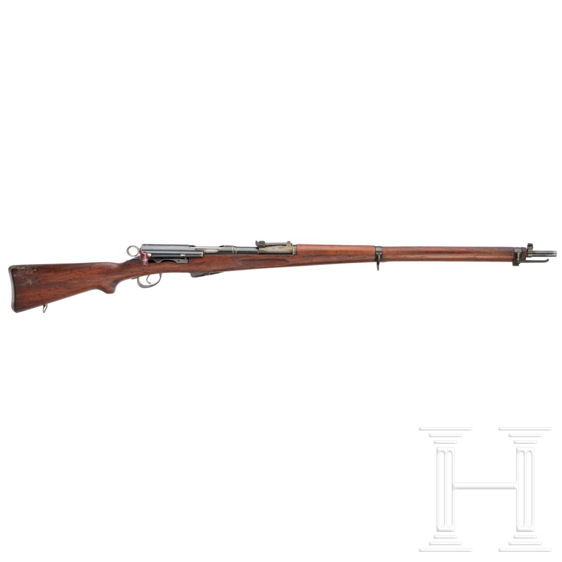 A Waffenfabrik Bern Mod. G11: A Waffenfabrik Bern Mod. G11Cal. 7,5x55, SN. 298089, nummerngleich einschl. Magazin. Matter Lauf, Länge78 cm. Ohne gültigen Beschuß. Auf der Hülse "BP", links "P62" für privatisiert. Visier skali